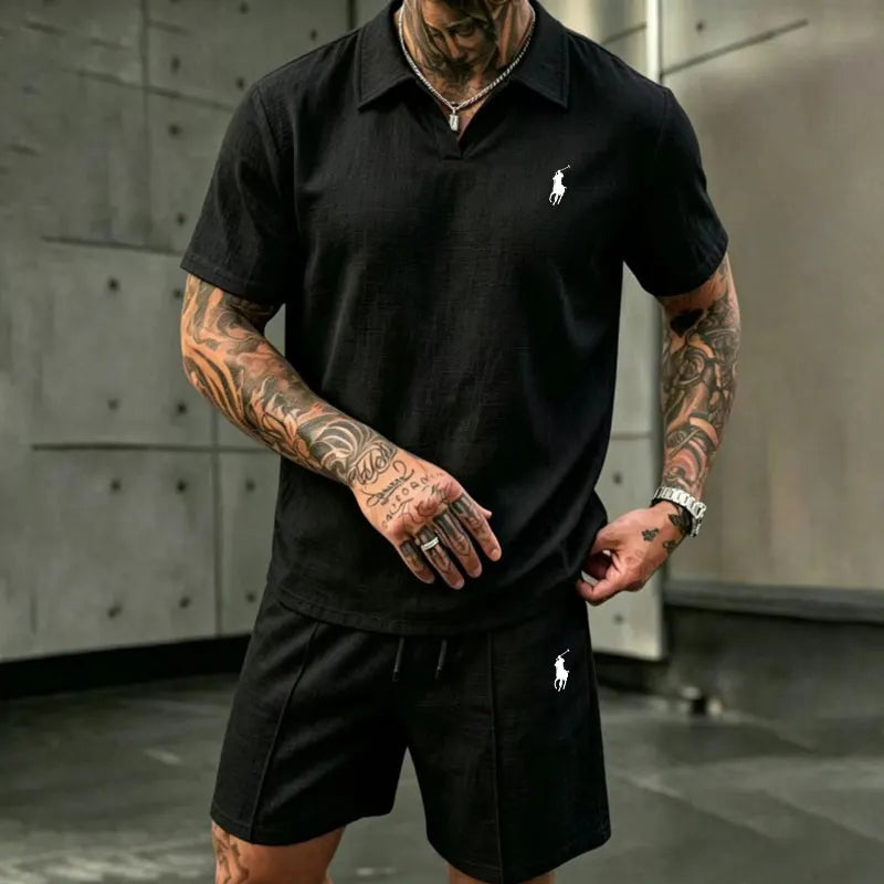 Men's Linen Short-Sleeve Polo and Shorts Two-Piece Set