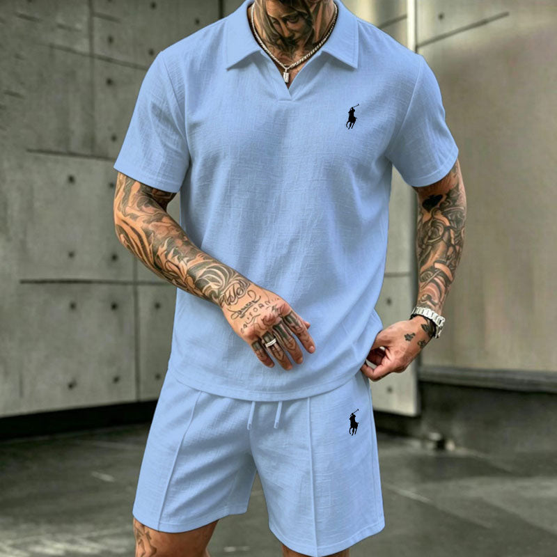 Men's Linen Short-Sleeve Polo and Shorts Two-Piece Set