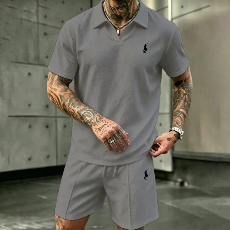 Men's Linen Short-Sleeve Polo and Shorts Two-Piece Set