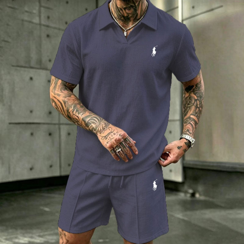Men's Linen Short-Sleeve Polo and Shorts Two-Piece Set