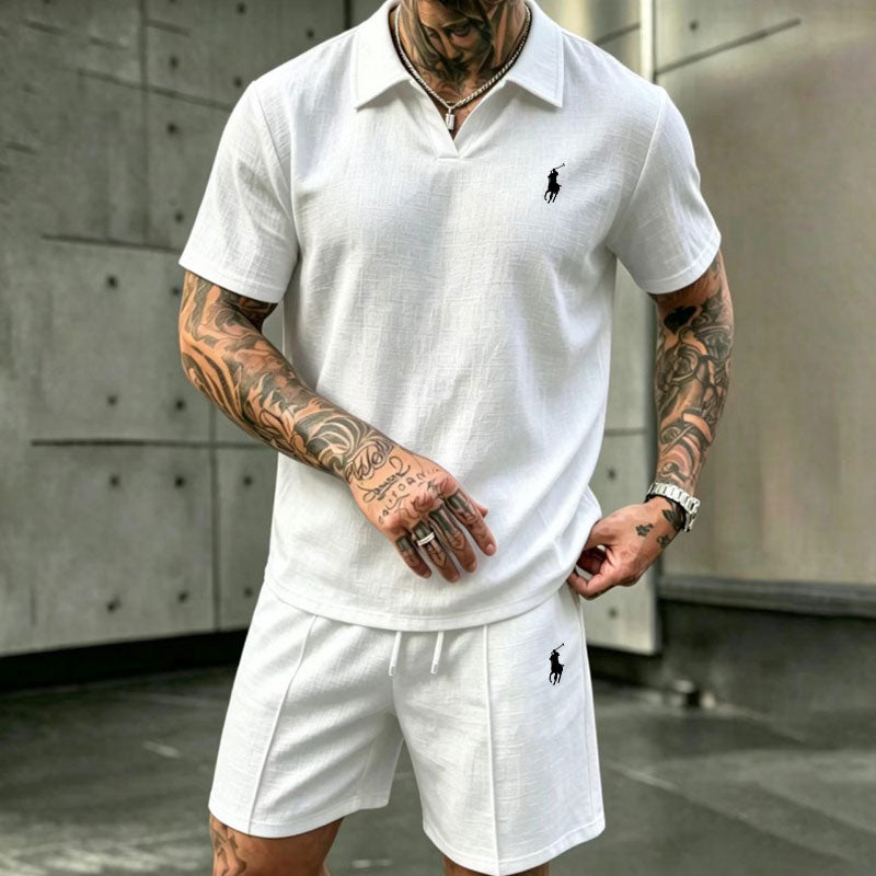 Men's Linen Short-Sleeve Polo and Shorts Two-Piece Set