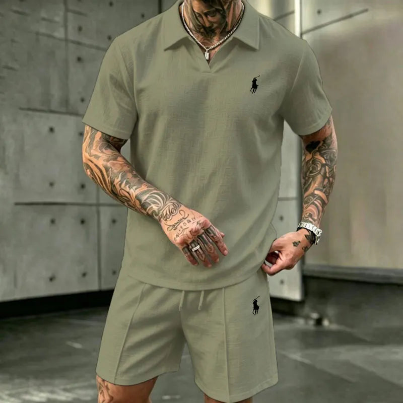 Men's Linen Short-Sleeve Polo and Shorts Two-Piece Set